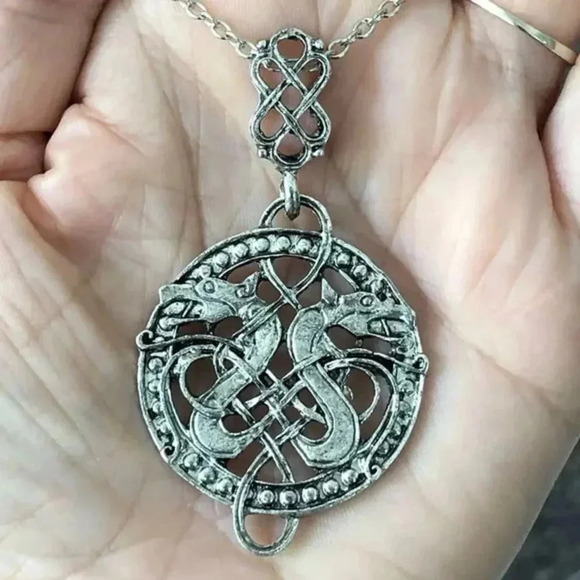 Mama Bling Other - 3 for $25/ Double Dragon Viking Celtic Knot Medallion Silver Necklace NWT